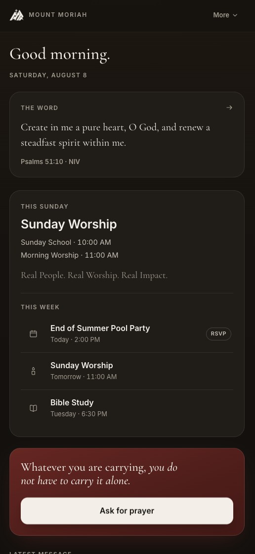 The Mount Moriah app home screen showing the daily verse and this week's schedule